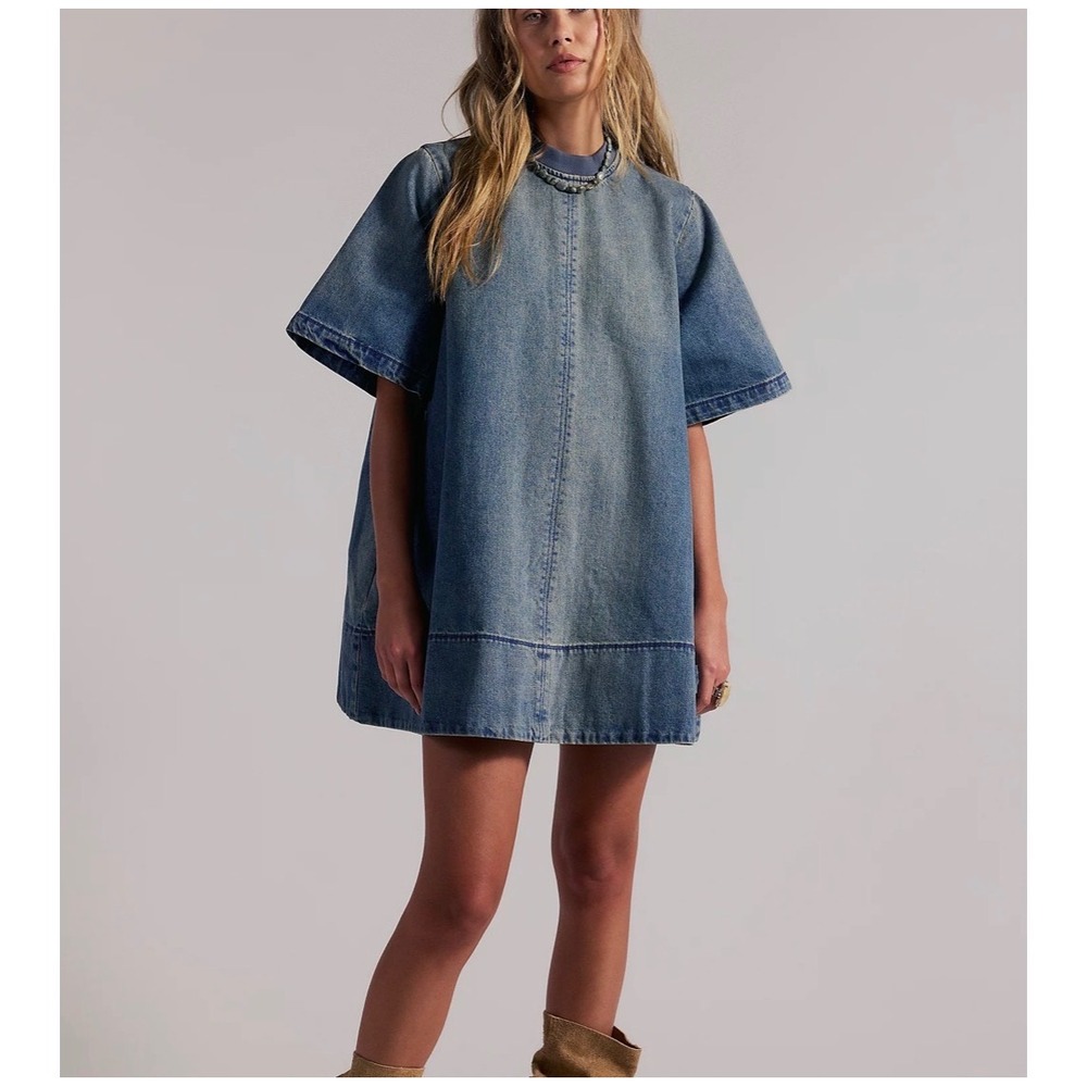 Free People Small Harlow Mini Dress Relaxed Fit Denim Boho Festival
